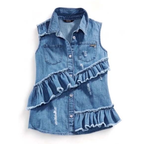 Guess Big Girls Ruffle Distressed Cotton Denim Shirt Size 10 - Picture 1 of 1
